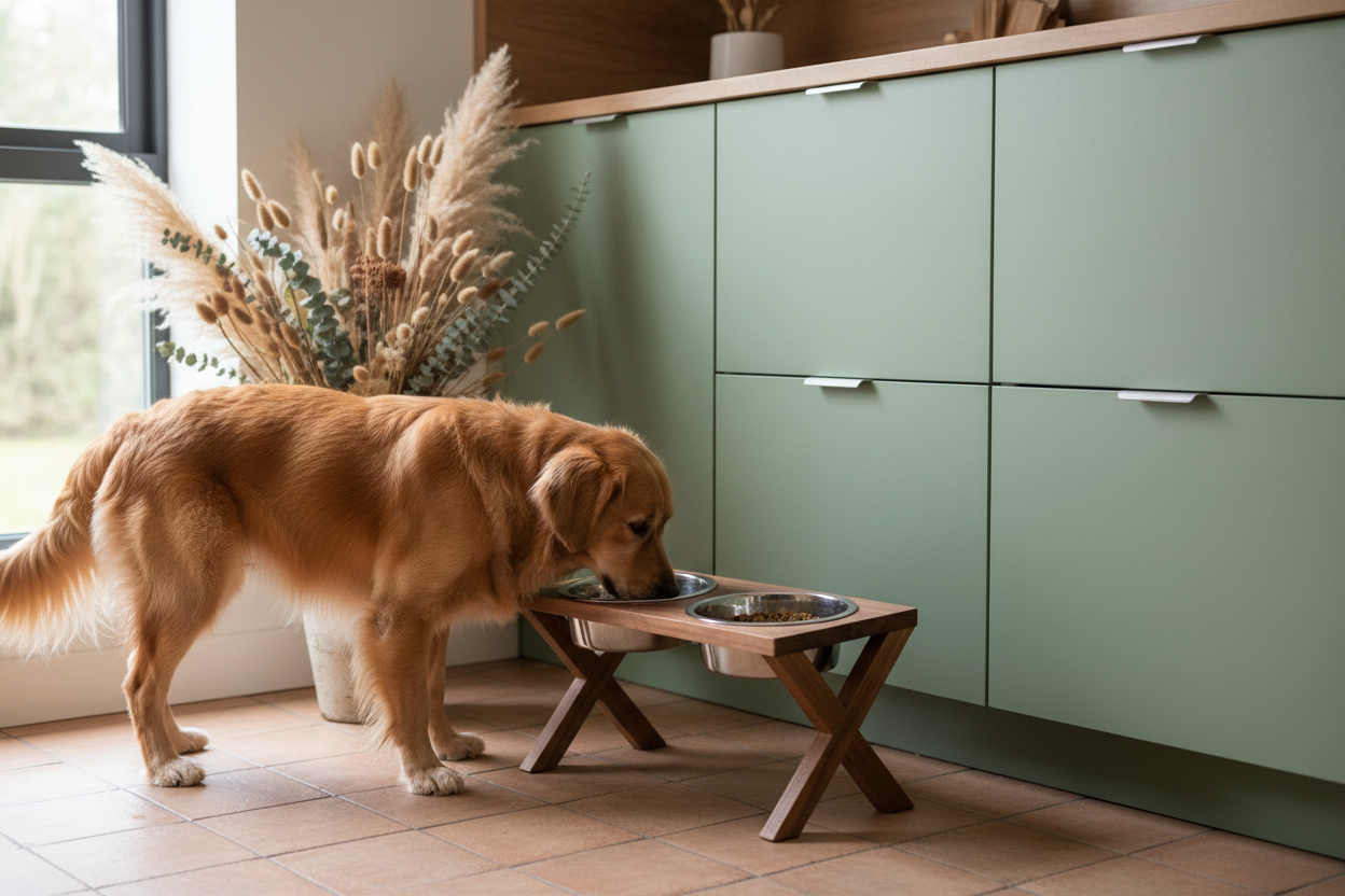 Walnut dog bowl set in mid-century modern kitchen lifestyle scene