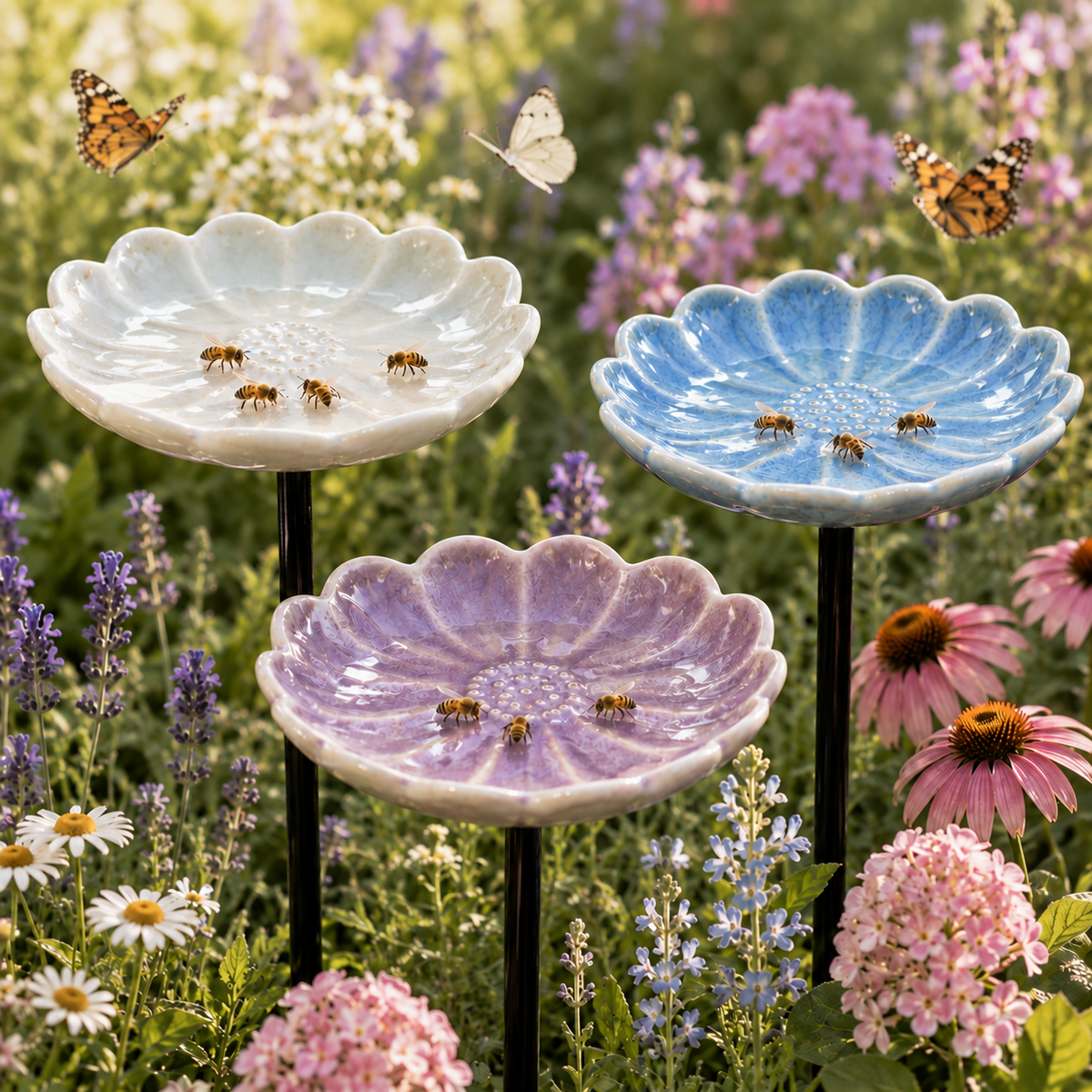 Ivory, sky blue and purple ceramic flower waterers displayed among garden flowers