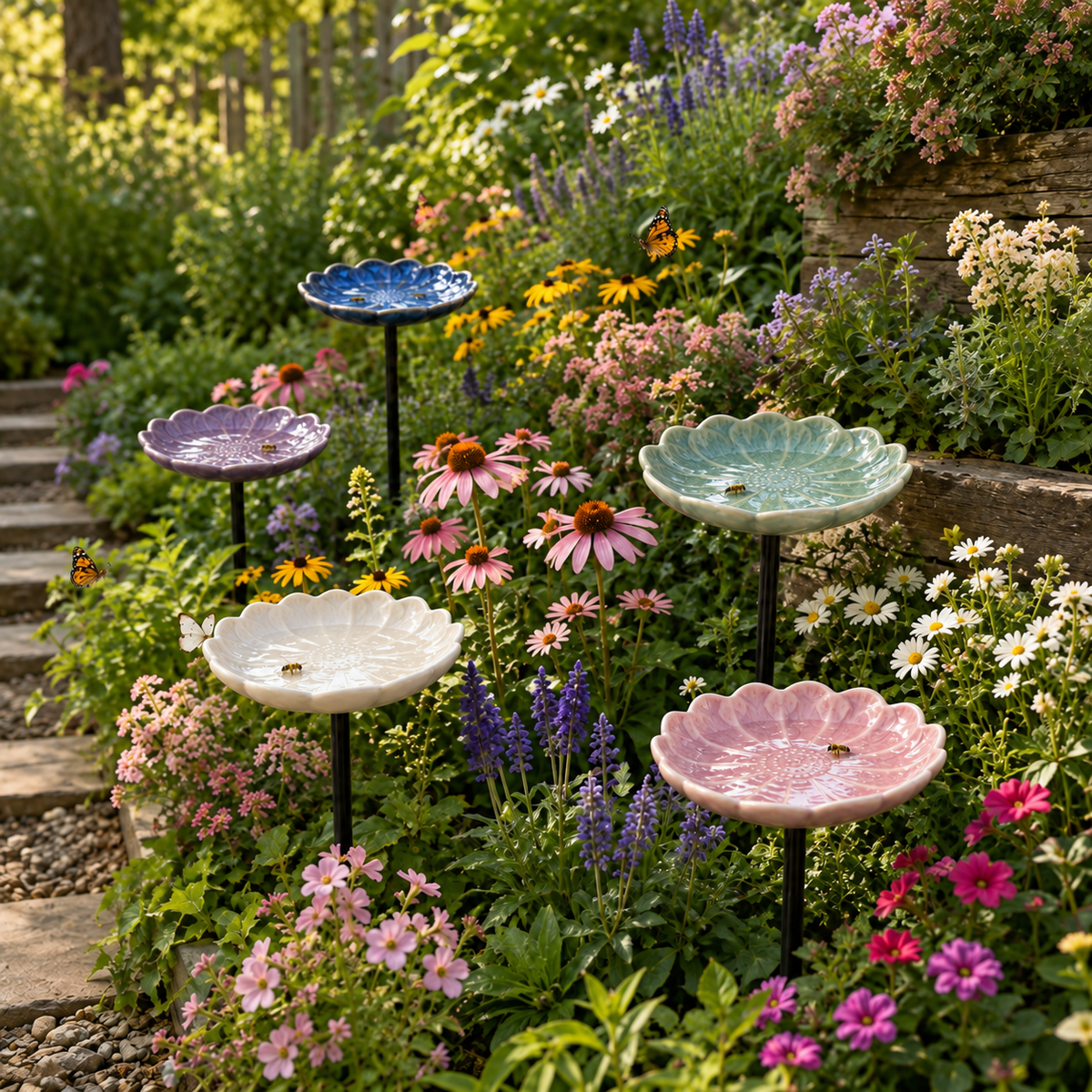 Ceramic flower waterers in a cottage garden border