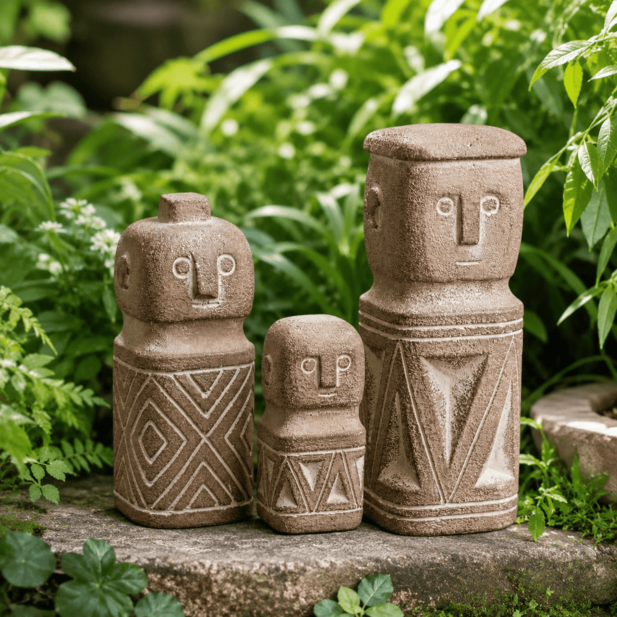 Three textured garden character figures with geometric details among green foliage