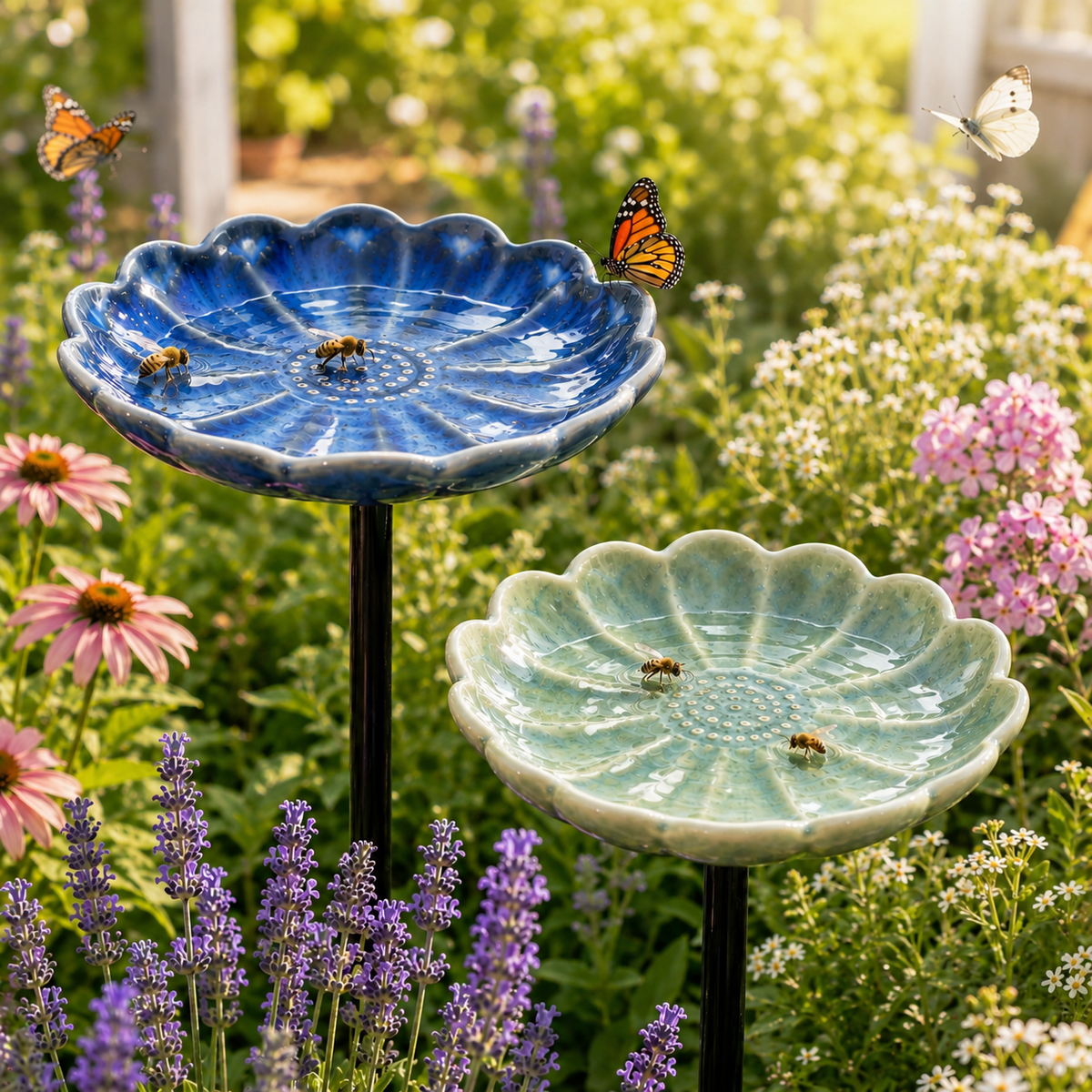 Blue and green ceramic flower waterers among garden flowers