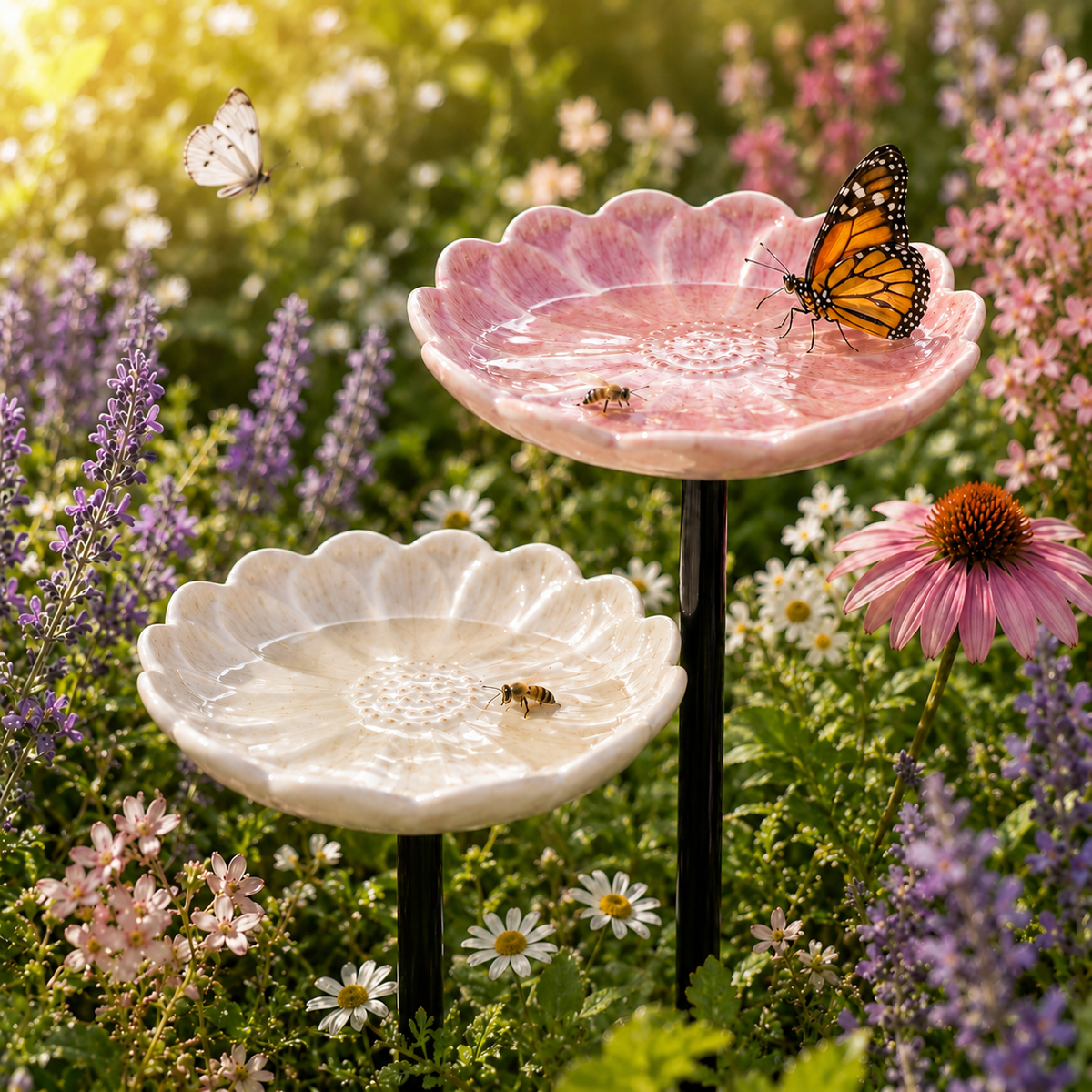 Pink and ivory ceramic flower waterers in a garden scene