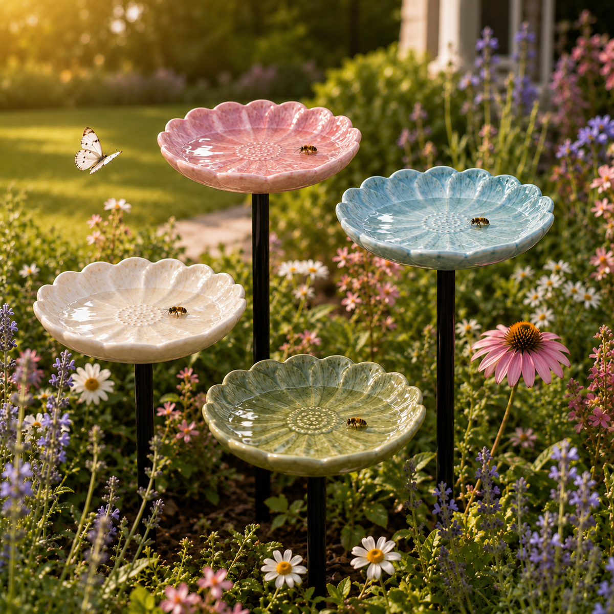 A styled garden arrangement of four ceramic flower waterers