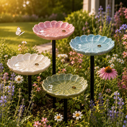 A styled garden arrangement of four ceramic flower waterers