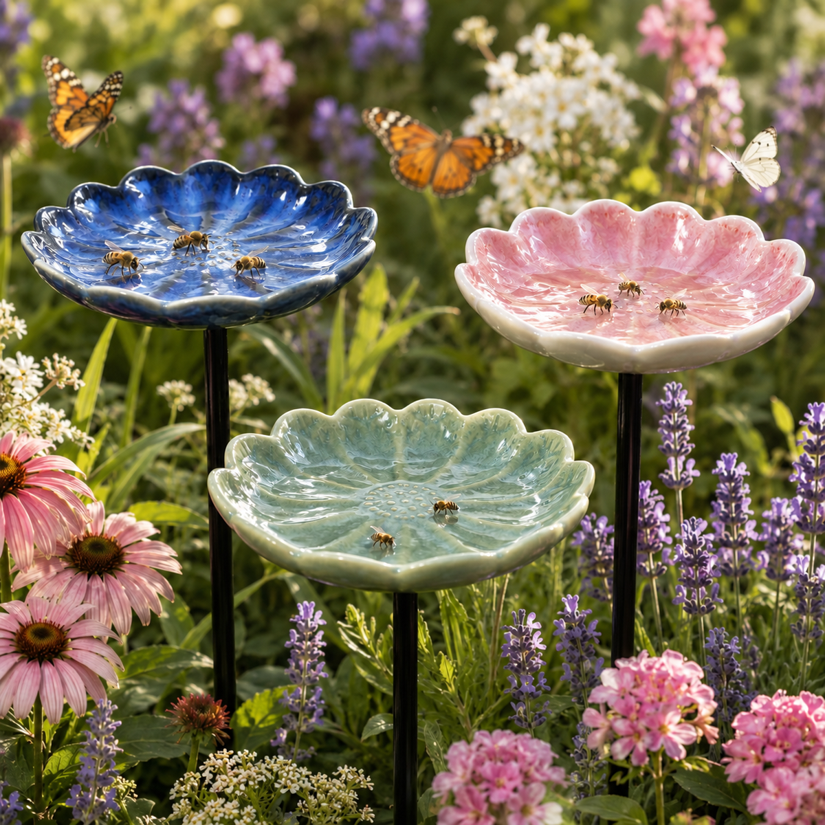 Blue, pink and green ceramic flower waterers in a styled border
