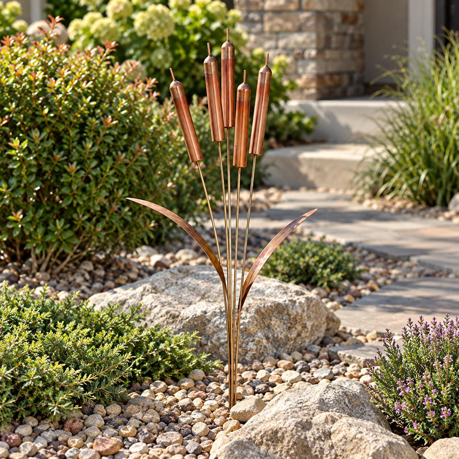 Five cattail forms and curved leaf accents beside a garden path