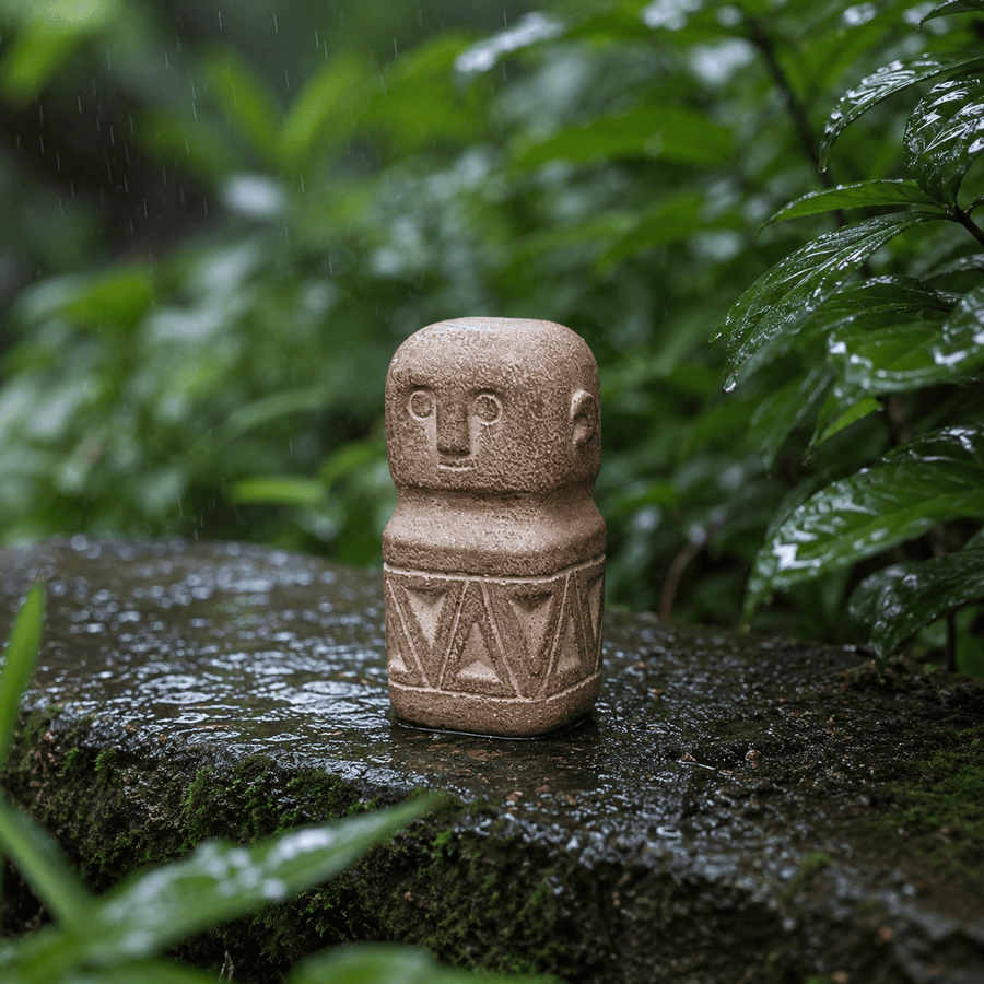 A small garden character figure beside a fern