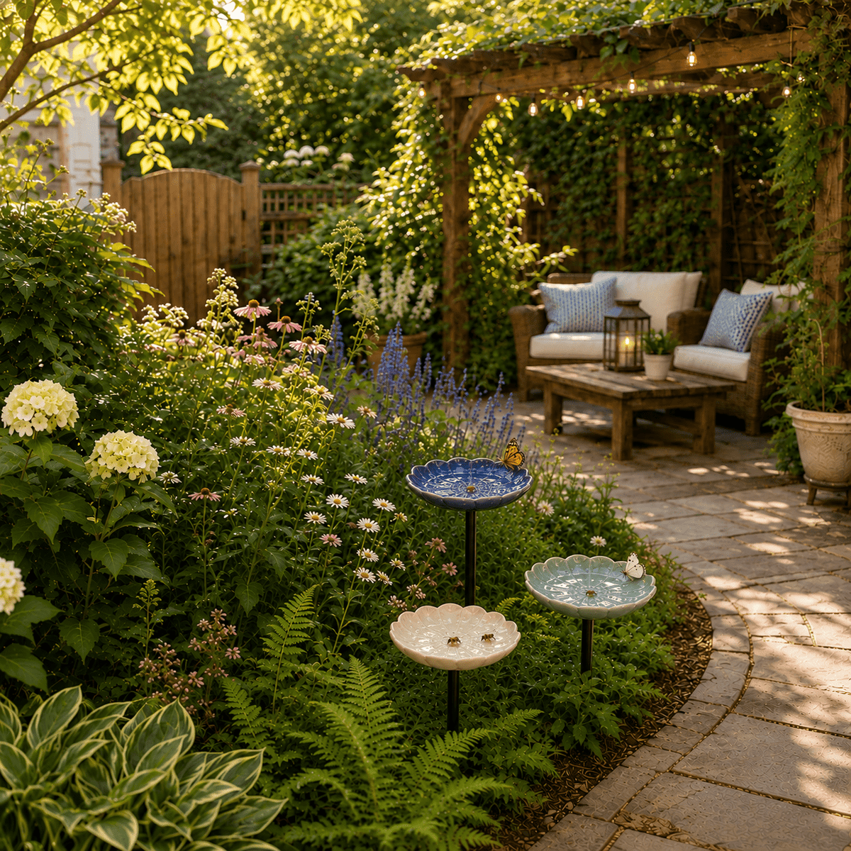 Three ceramic flower waterers beside a garden seating area