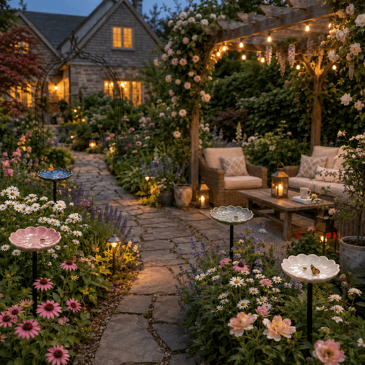 Ceramic flower waterers in a styled evening garden