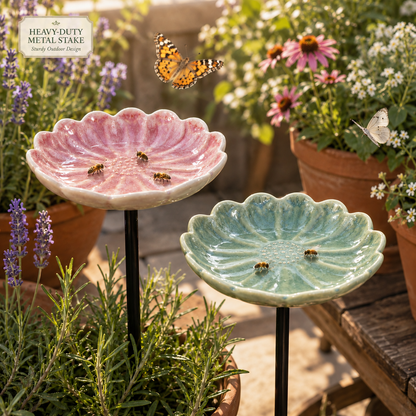 Pink and green ceramic flower waterers beside planting