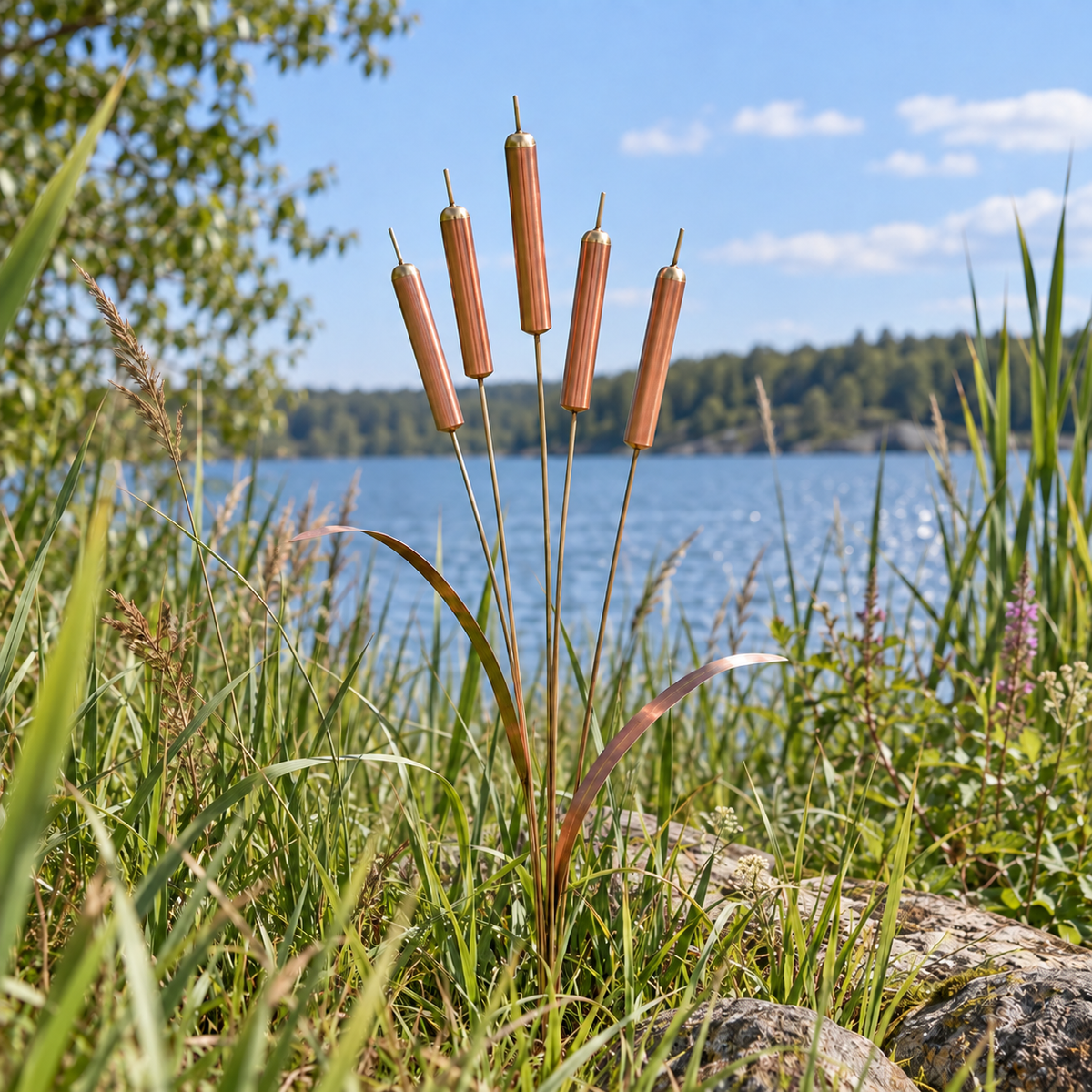 Copper-coloured cattail garden stakes beside a lakeside planting