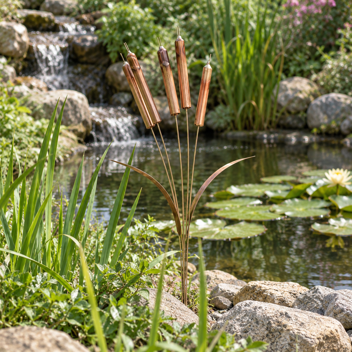 Cattail garden stakes beside a planted pond