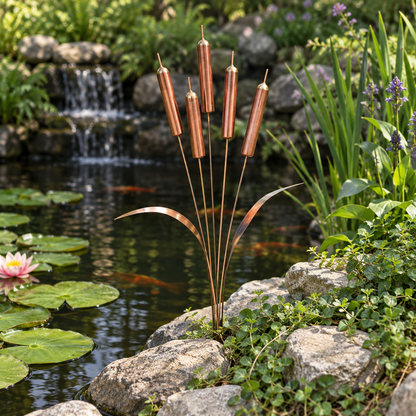 Cattail garden stakes by a garden waterfall