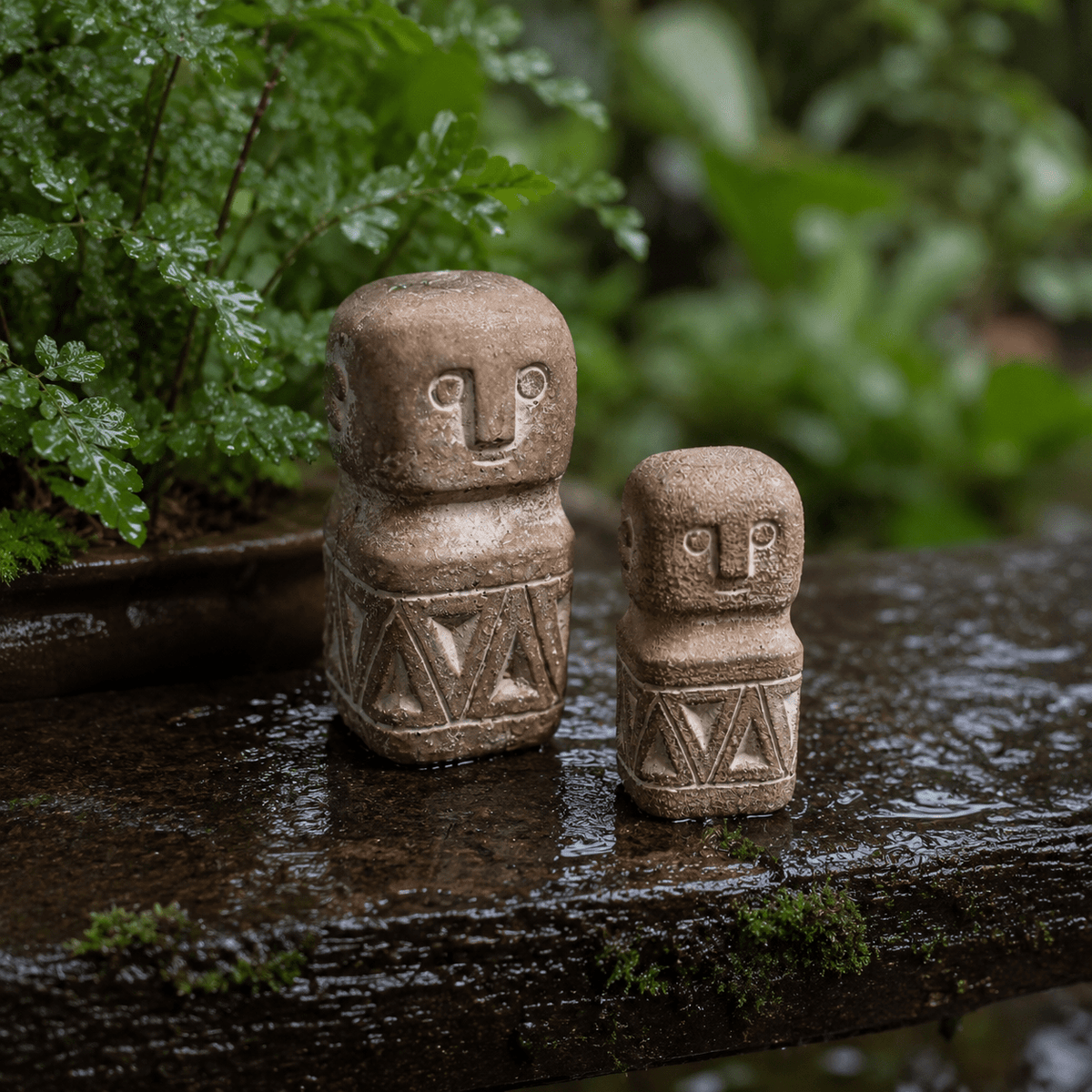 Two textured garden figures in a leafy setting