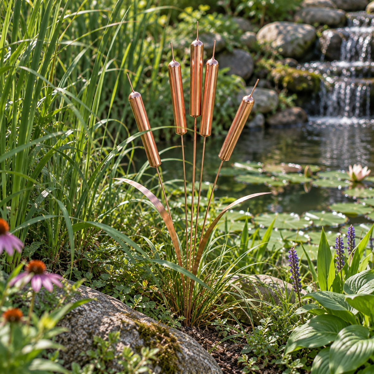 Slender cattail garden stakes among greenery and rocks