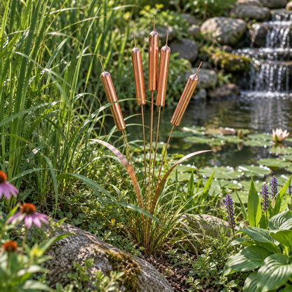 Slender cattail garden stakes among greenery and rocks