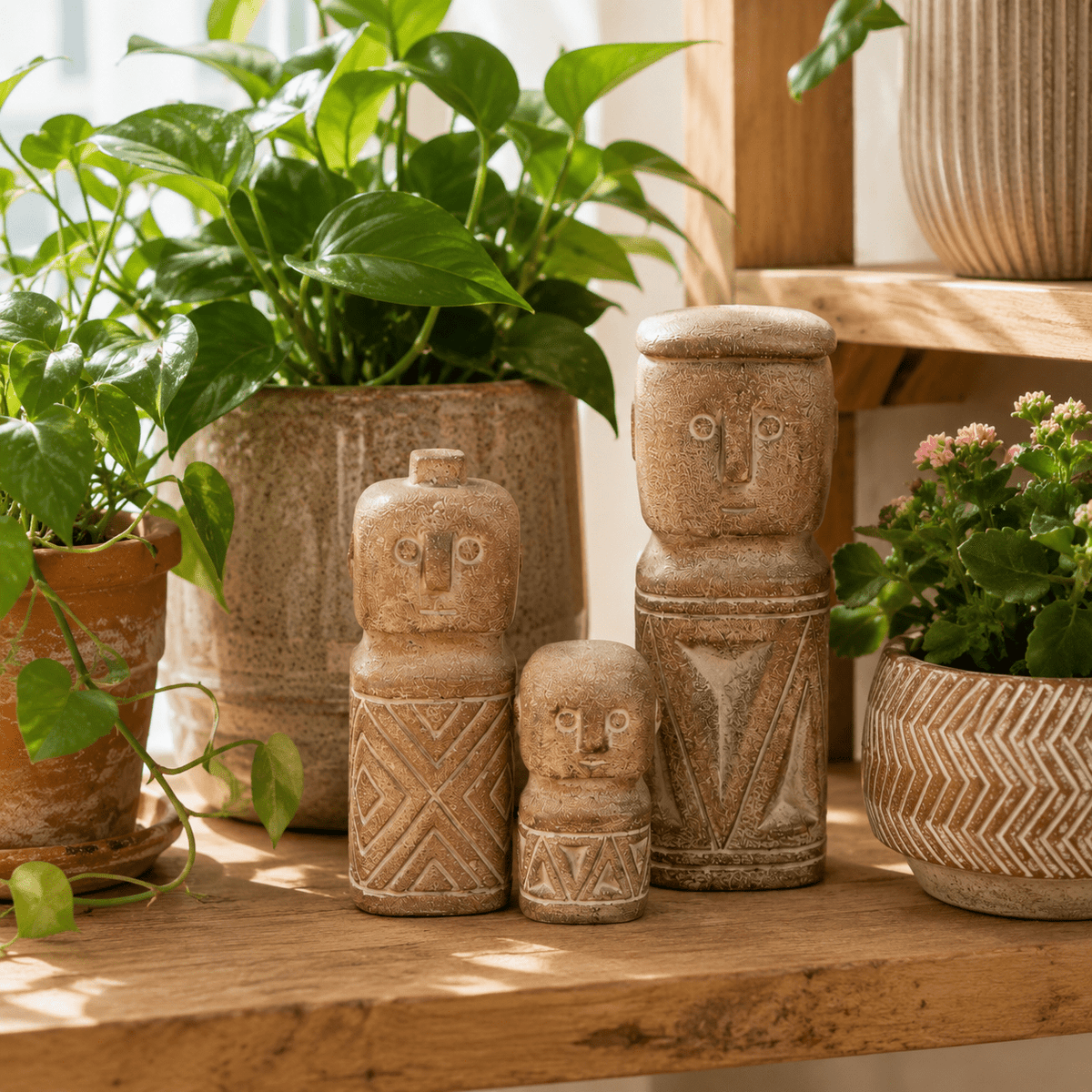 Three textured garden figures on a shelf with plants