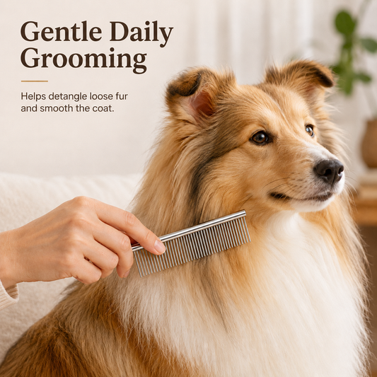 pet grooming comb used on dog coat for daily detangling and loose fur removal