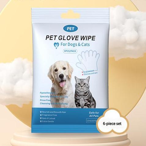Disposable no-rinse pet grooming glove wipes for quick cleanups, 6 pieces per bag