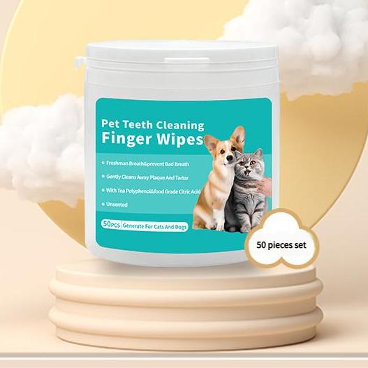 Pet teeth cleaning finger wipes jar with 50 pre-soaked textured wipes