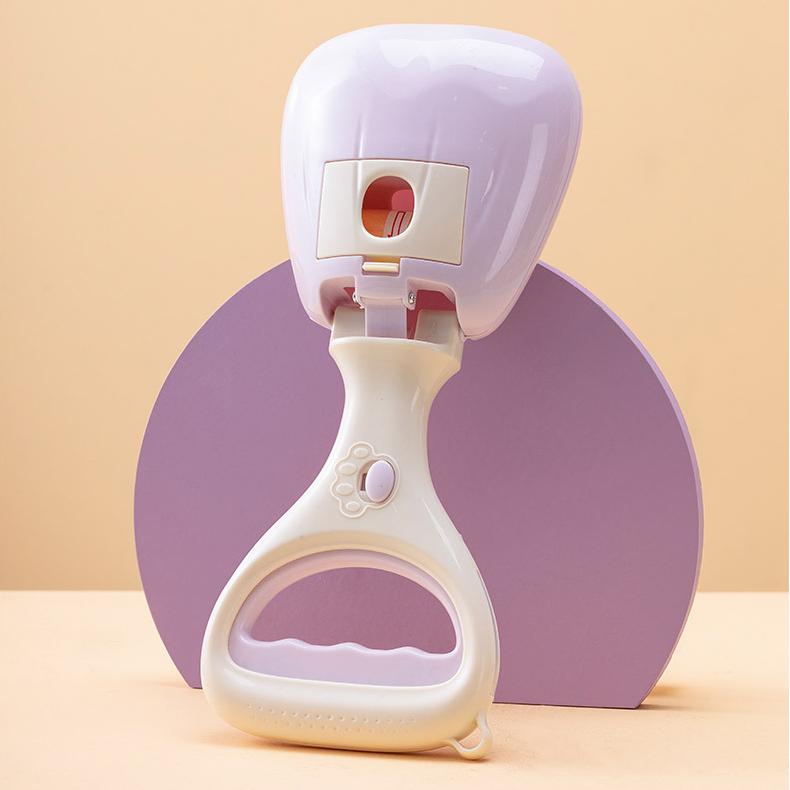 Purple portable dog pooper scooper with built-in waste bag dispenser