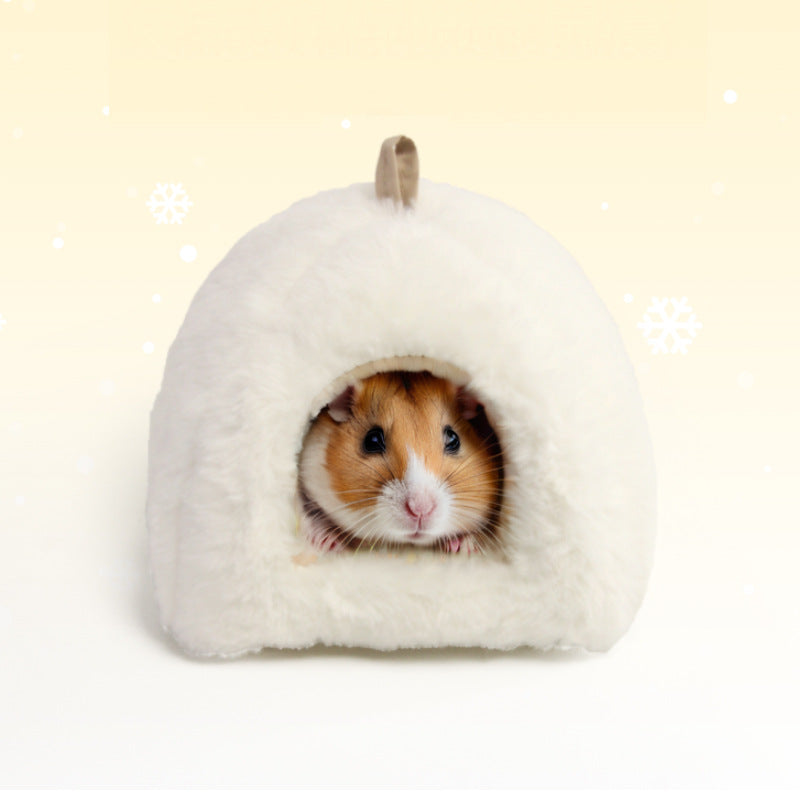 White faux rabbit fur igloo bed with removable cushion for hamsters and small pets