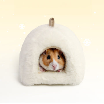 White faux rabbit fur igloo bed with removable cushion for hamsters and small pets