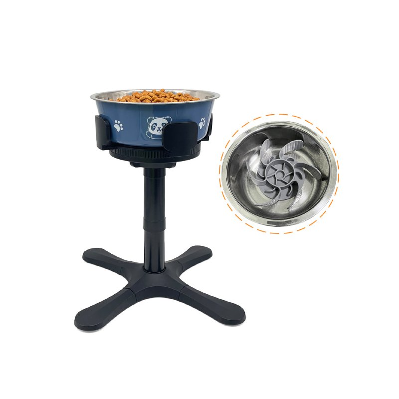 Blue stainless steel elevated bowl stand with slow feeder mat