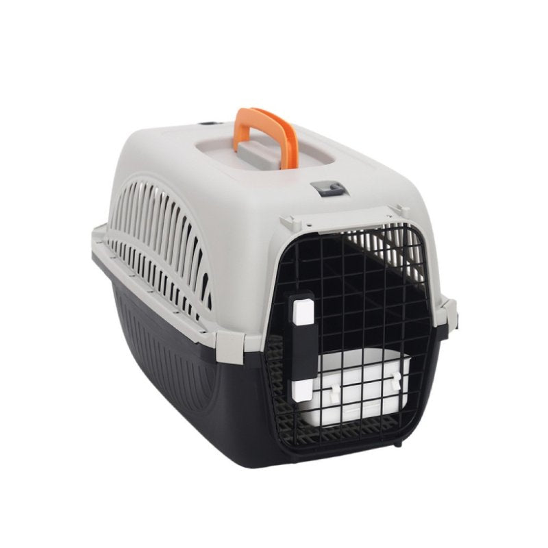 Grey airline-approved pet travel carrier crate with metal door and 360¡ã ventilation