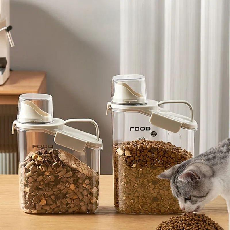 White airtight pet food storage container with measuring cup and sealed lid