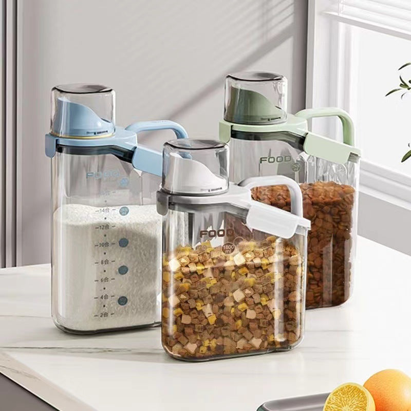 White airtight pet food storage container with measuring cup and sealed lid