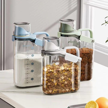 White airtight pet food storage container with measuring cup and sealed lid