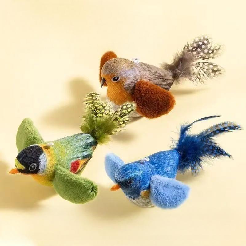 Three realistic plush bird cat toys with sound, catnip and feathers