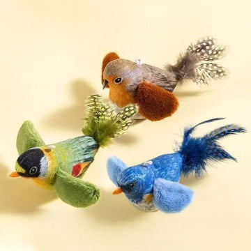 Three realistic plush bird cat toys with sound, catnip and feathers