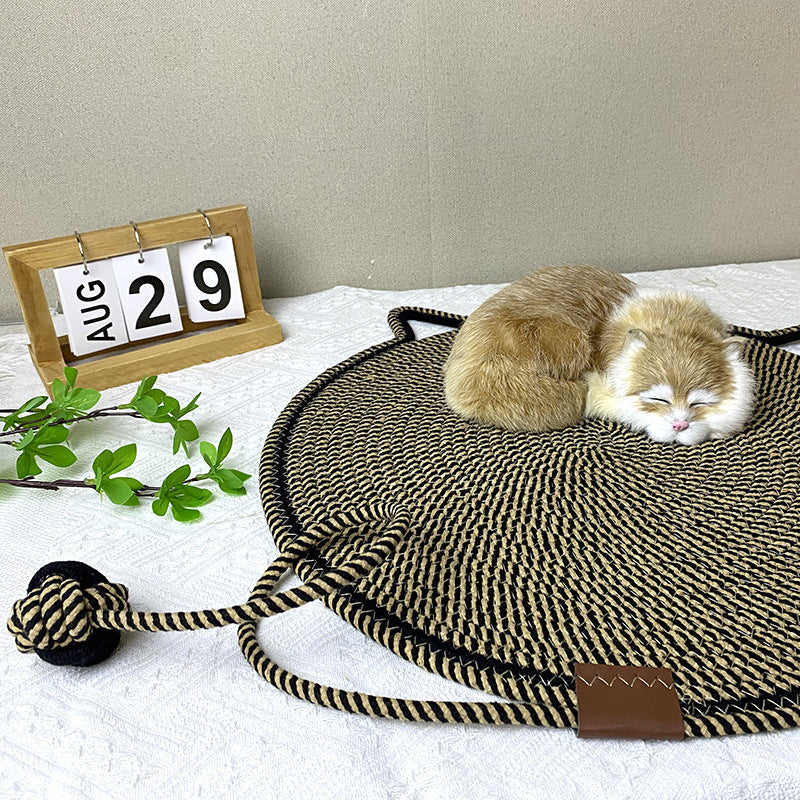 Black and khaki cat-ear shaped rope scratcher mat with built-in toy ball