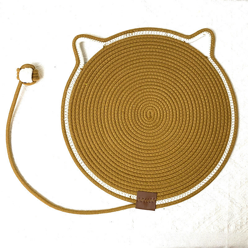 Black and khaki cat-ear shaped rope scratcher mat with built-in toy ball