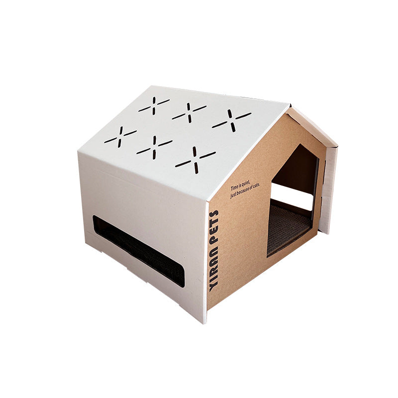 Kraft brown corrugated cardboard cat scratch house with hideout design