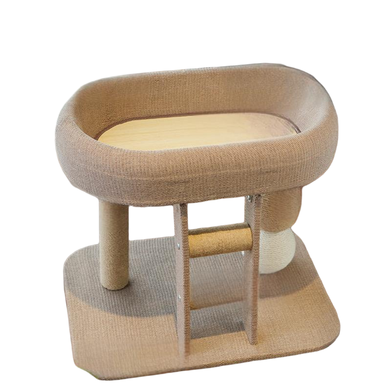 Beige cat tree with round ladder, sisal scratching post and cooling seat lounger