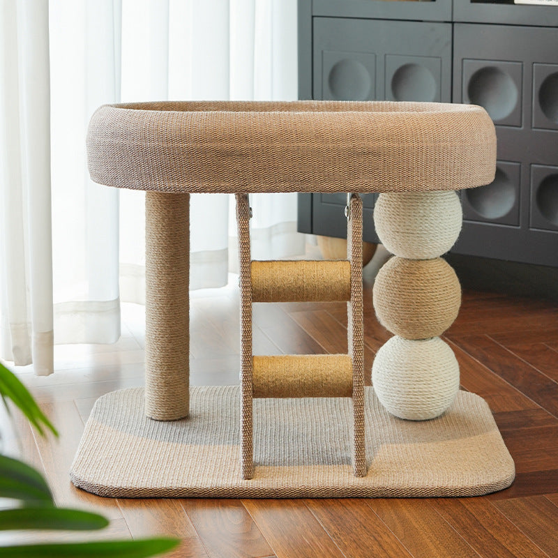 Beige cat tree with round ladder, sisal scratching post and cooling seat lounger