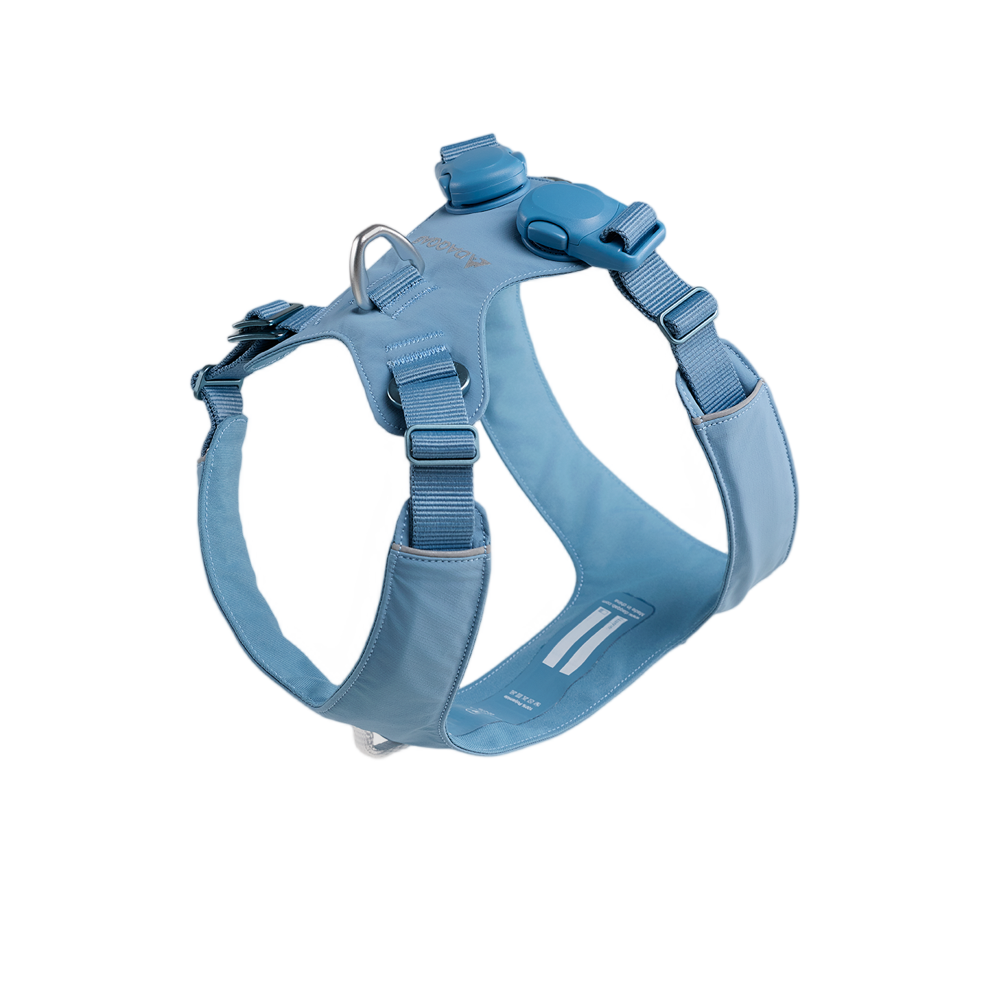 Blue waterproof dog harness with padded chest plate and reflective details