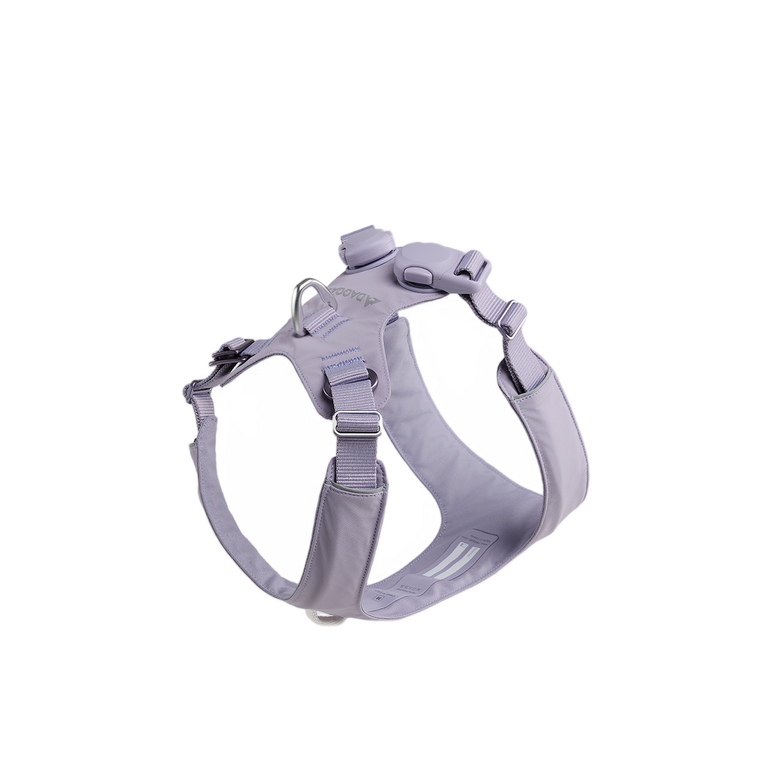 Purple waterproof dog harness with adjustable straps and reflective accents