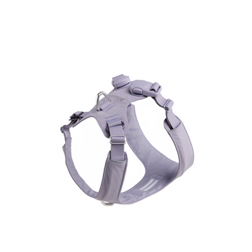 Purple waterproof dog harness with adjustable straps and reflective accents