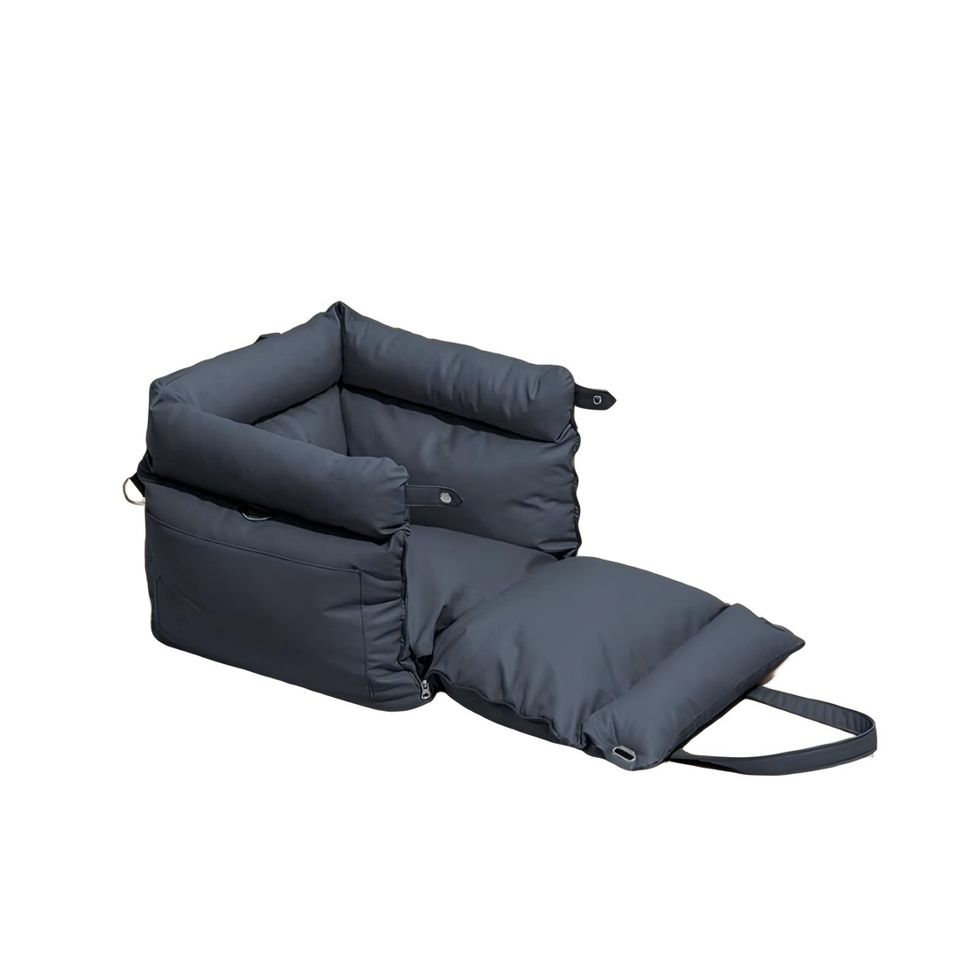 Navy blue portable dog car seat bed with safety straps and cushioned base