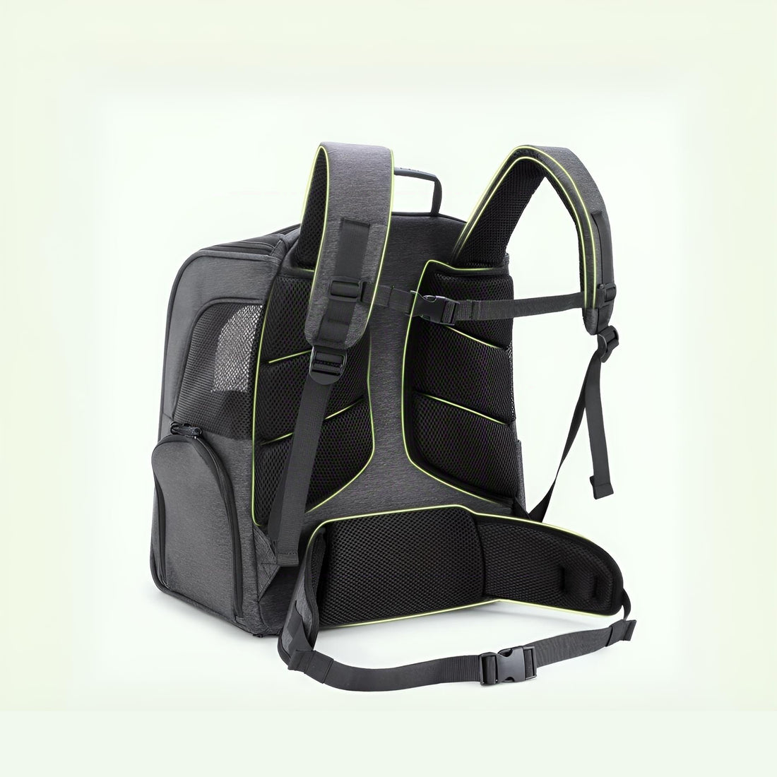 Gray expandable pet backpack carrier with mesh ventilation and side pockets