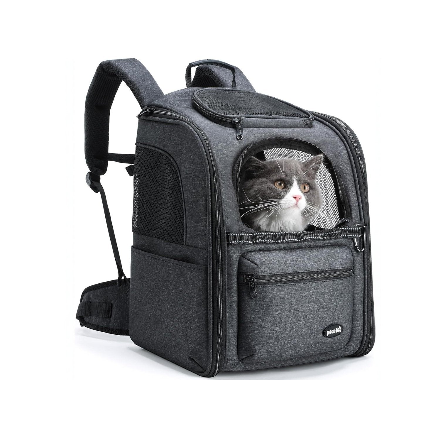 Gray expandable pet backpack carrier with mesh ventilation and side pockets