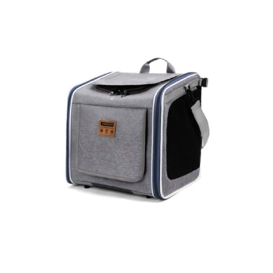 Gray front bike pet carrier with mesh windows and secure mounting bracket