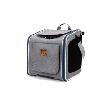 Gray front bike pet carrier with mesh windows and secure mounting bracket