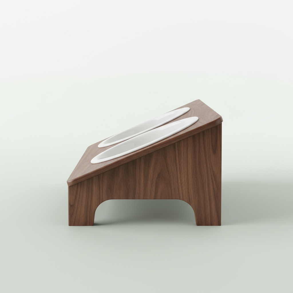 Side profile of walnut elevated double dog bowl stand