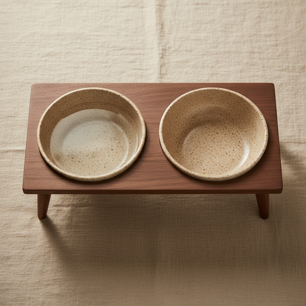 Top down view of speckled stoneware bowls in walnut stand