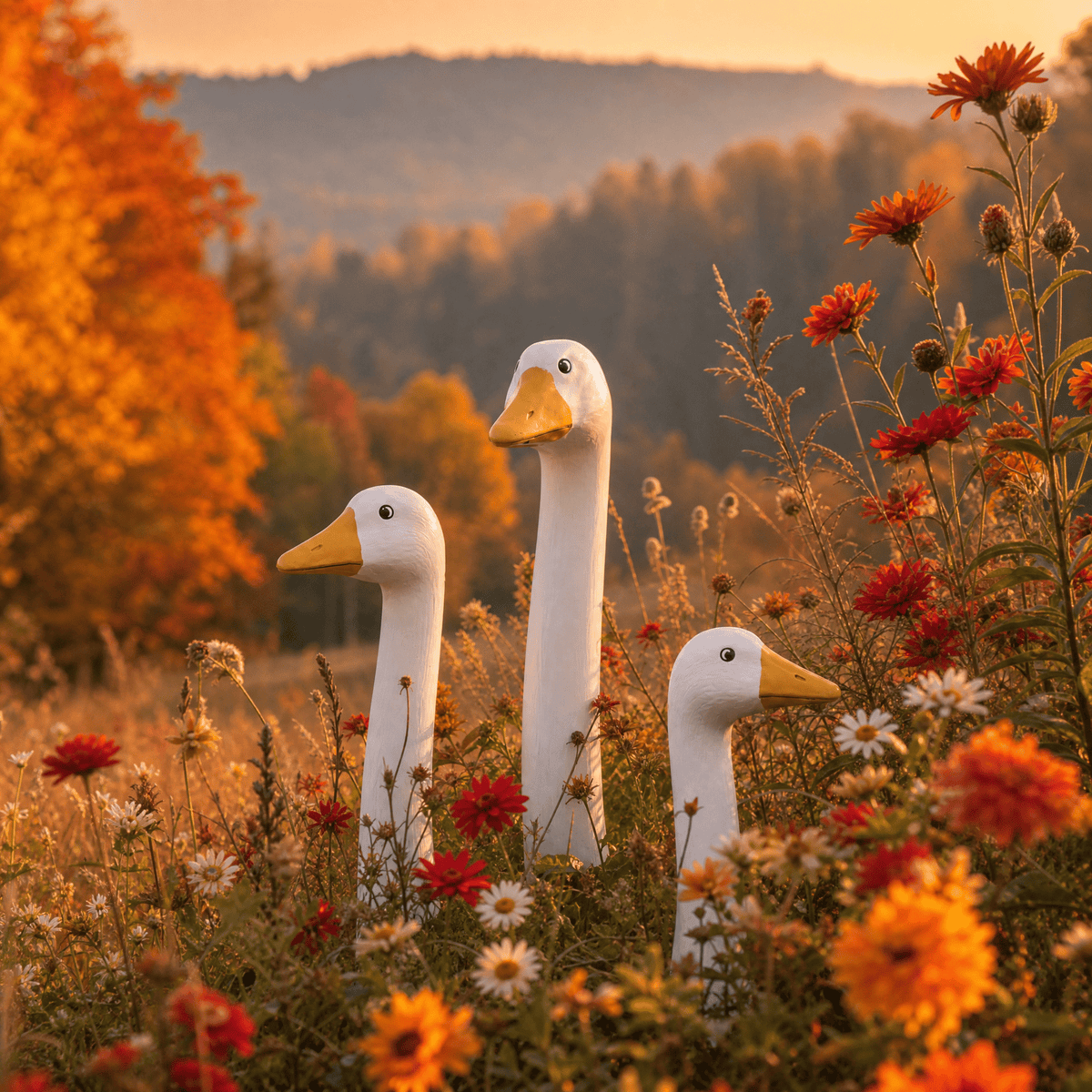 Styled autumn garden with orange foliage, wildflowers and peeking goose ornaments.